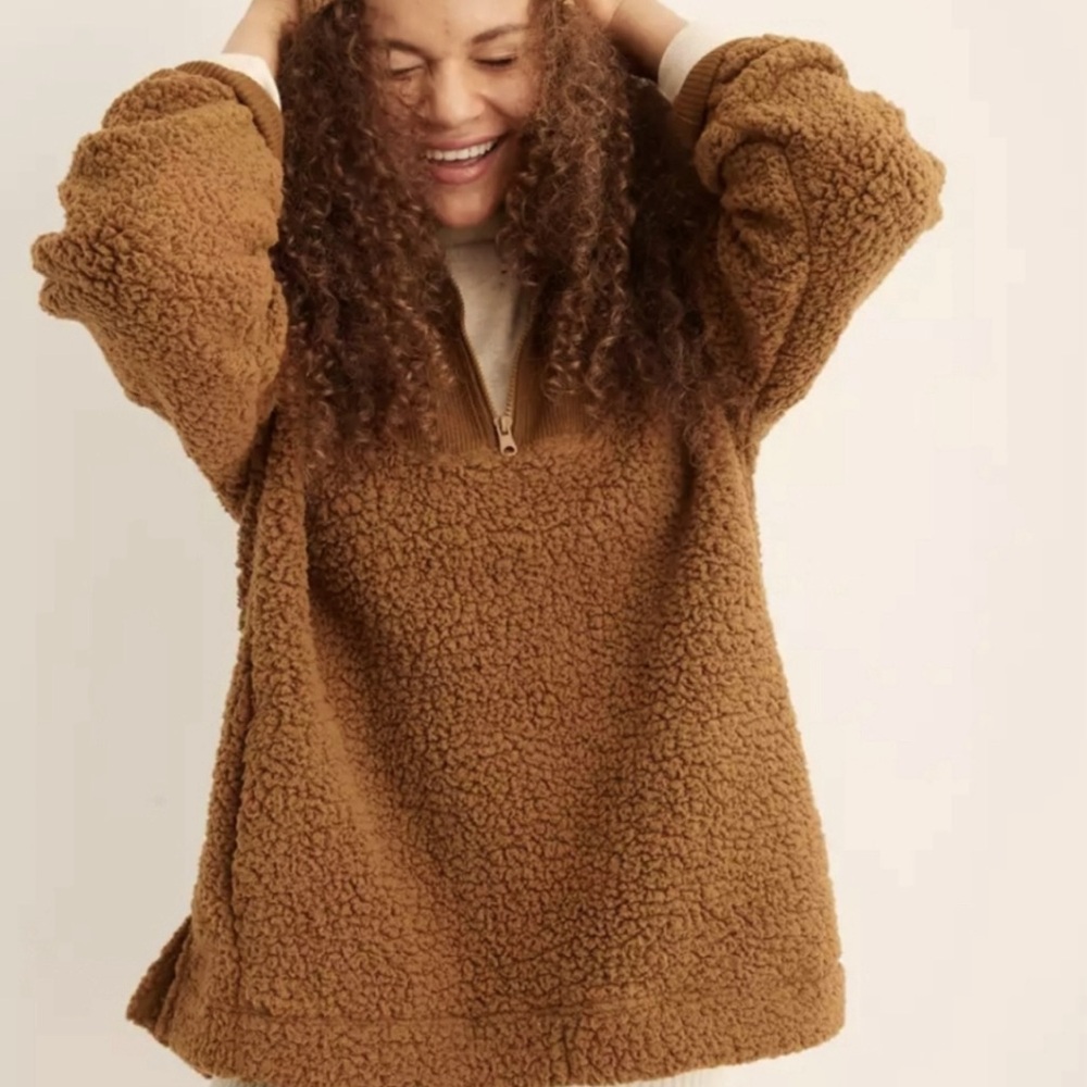 Aerie NWT Dream Sherpa Quarter Zip Sweatshirt Fleece Pullover Treeline Medium